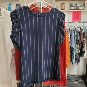 LOFT Dark Blue and White Textured Puff Sleeve Top